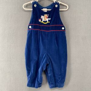 Vtg 80s? Velvet Christmas Jumper Overalls 6-9mos Cotton Blue Rocking Horse Retro